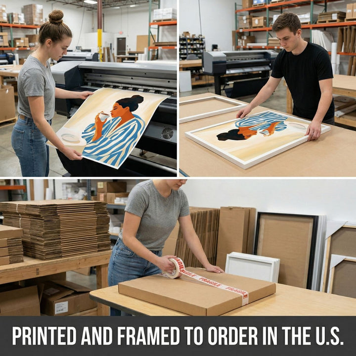 Three-step collage showing a woman printing artwork of a woman in a striped robe, a man framing the print, and the finished piece being packed in a cardboard box labeled “Fragile.” Text below reads “Printed and Framed to Order in the U.S.” to highlight the custom, domestic production process.