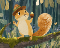 A cheerful squirrel with a fluffy tail stands on a mossy tree branch, wearing a woven hat decorated with leaves and holding a decorated acorn. The forest background is filled with tall trees, leafy plants, and soft wildflowers, creating a playful woodland scene.