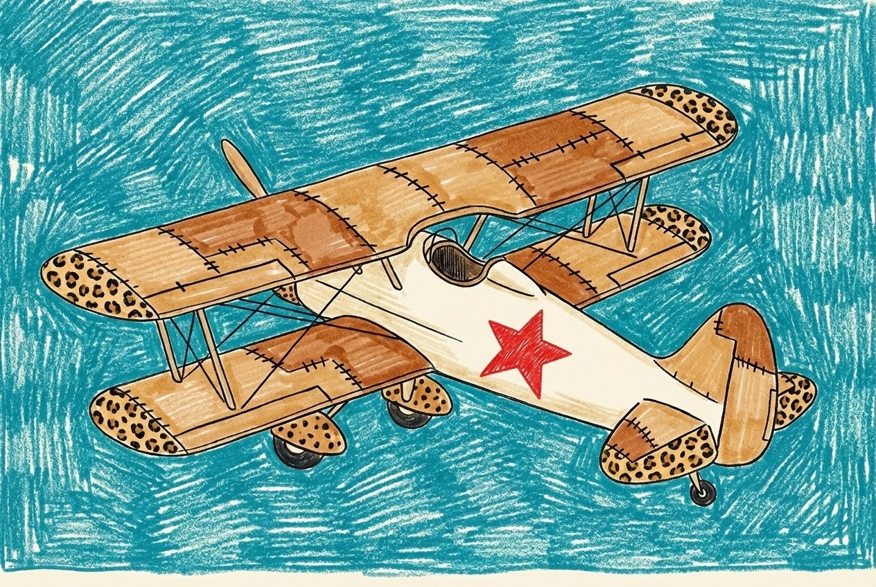 Whimsical sketchbook style vintage biplane airplane aircraft wall art depicting a hand-drawn aircraft with leopard-print wing tips, stitched brown patches, and a prominent red star set against a blue scribbled background.