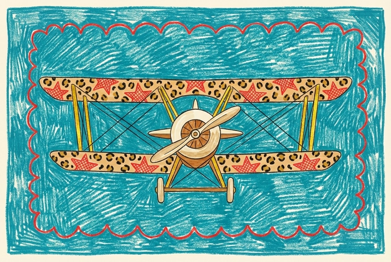 Whimsical illustrated biplane aircraft wall art depicting a front-view airplane with leopard-print and red-star patterned wings against a textured blue background with a red scalloped border.