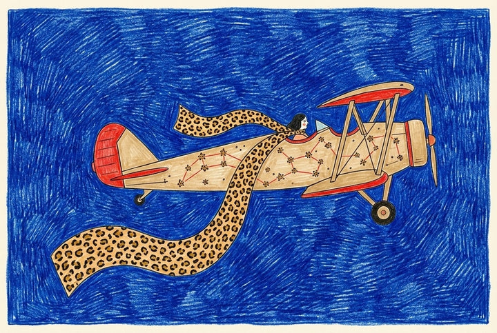 Whimsical hand-drawn biplane airplane aircraft wall art depicting a pilot flying through a deep blue textured night sky with a long leopard-print scarf trailing behind and constellation patterns on the fuselage.