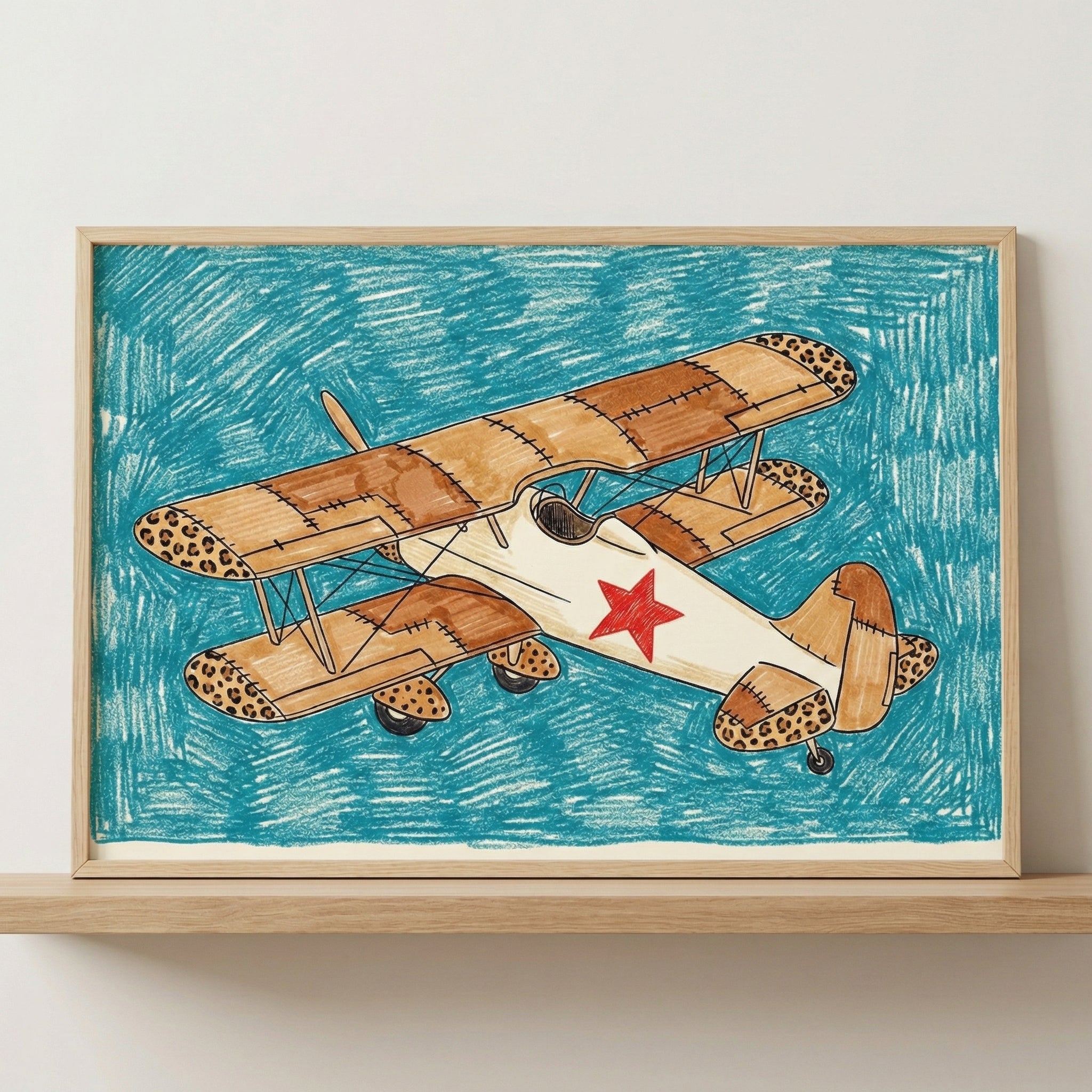 Framed biplane aircraft wall art with a leopard-print airplane design, presented in a light wood frame sitting on a wooden shelf against a neutral wall.