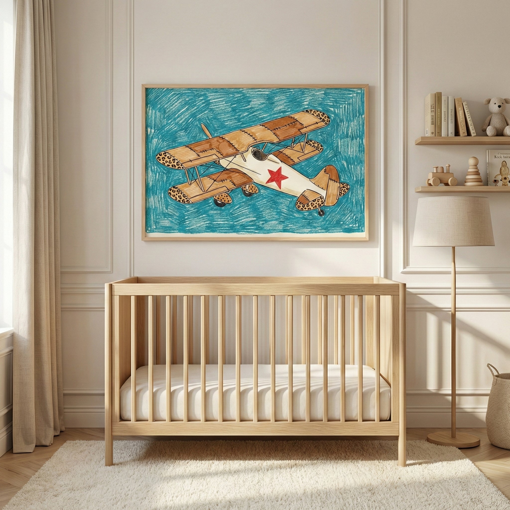 Whimsical hand-drawn vintage biplane aircraft airplane wall art hanging above a light wood crib in a minimalist nursery.