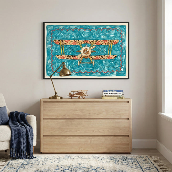 Whimsical leopard-print aircraft biplane airplane wall art hanging above a light wood dresser in a cozy nursery.