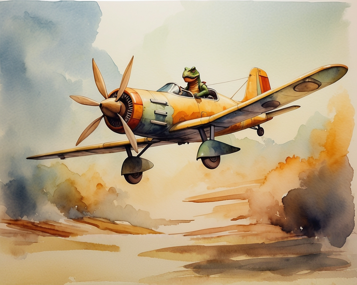 A whimsical illustration of a frog piloting a vintage, orange and teal propeller airplane soaring through a sky filled with clouds. The frog appears enthusiastic, gripping the controls as the plane glides above a landscape with swirling dust below.