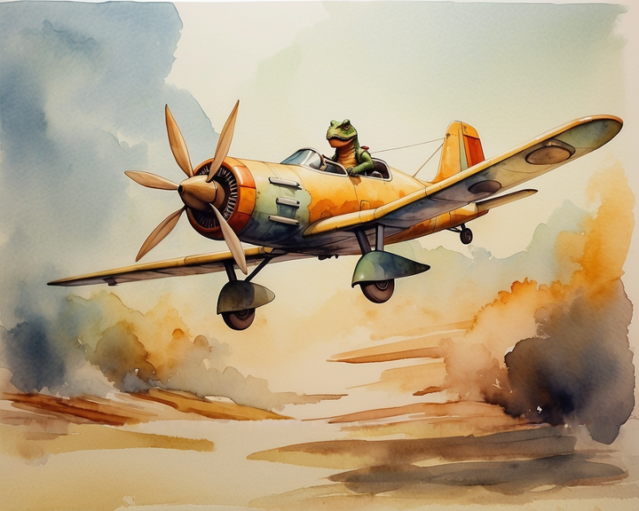 A whimsical illustration of a frog piloting a vintage, orange and teal propeller airplane soaring through a sky filled with clouds. The frog appears enthusiastic, gripping the controls as the plane glides above a landscape with swirling dust below.