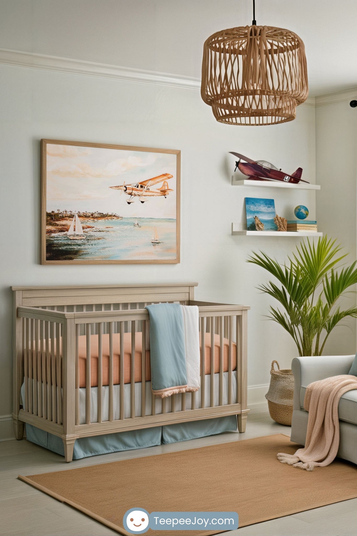 Serene coastal-themed nursery with neutral tones, a light wood crib, and cozy accents. A framed illustration above the crib shows a vintage seaplane flying over the ocean near sailboats and a distant shoreline, adding a dreamy, adventurous touch to the space.