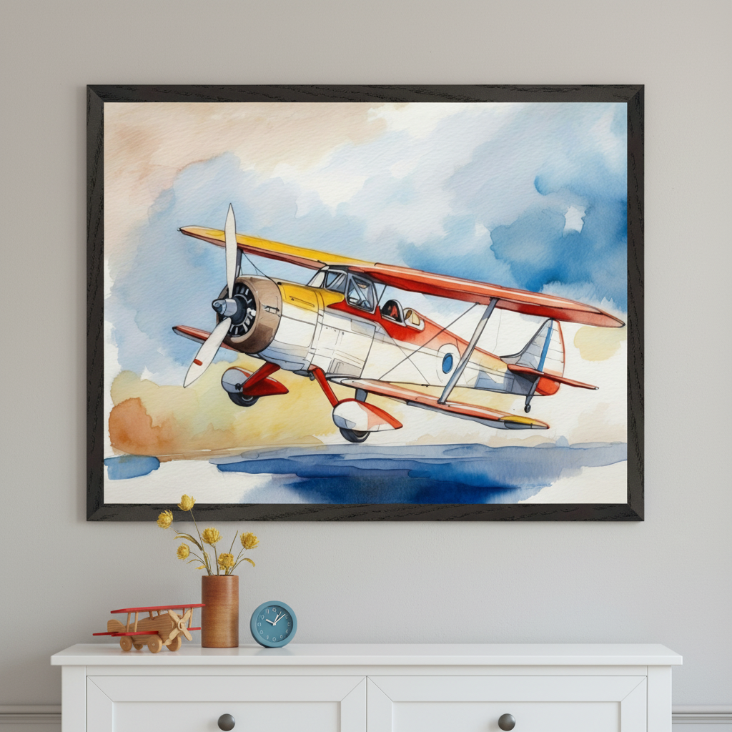 Child's room with a white dresser. A large framed watercolor illustration of a red and yellow biplane flying in a cloudy sky hangs above the dresser. A wooden toy plane, vase with flowers, and a small blue clock are on the dresser.