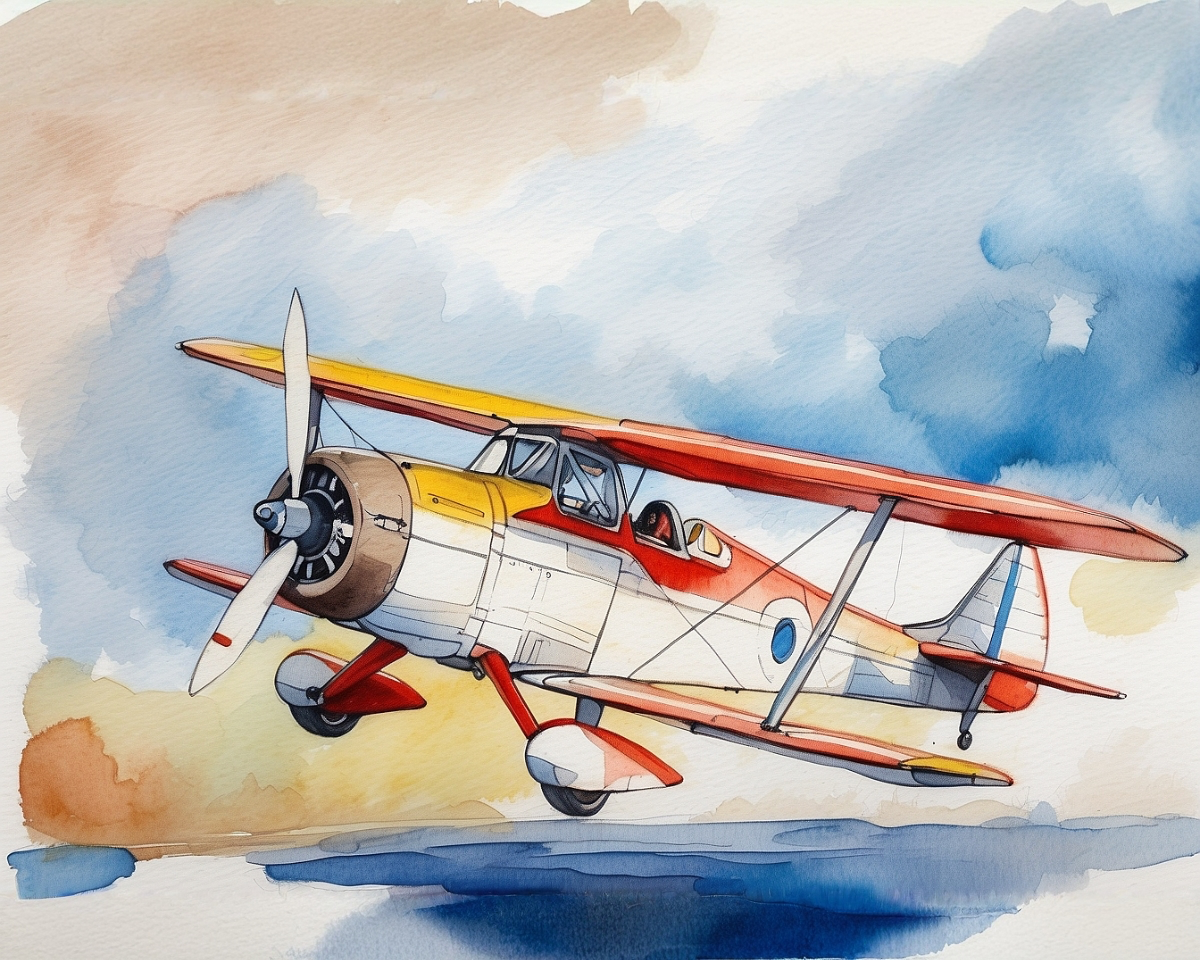 A watercolor painting of a vintage biplane in flight, featuring a red and yellow body with a prominent front propeller. The plane soars through a sky filled with soft, blended hues of blue and brown, capturing a sense of movement and nostalgia.