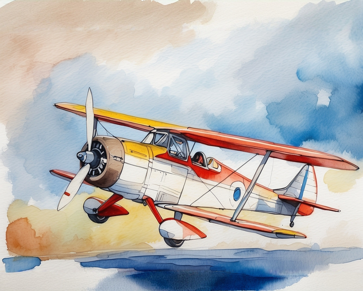 A watercolor painting of a vintage biplane in flight, featuring a red and yellow body with a prominent front propeller. The plane soars through a sky filled with soft, blended hues of blue and brown, capturing a sense of movement and nostalgia.