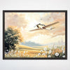 Airplane Wall Art for Nursery, Playroom or Kids Bedrooms - Vintage Aircraft Flying Over Sunny Floral Meadow Decor - Golden Ascent