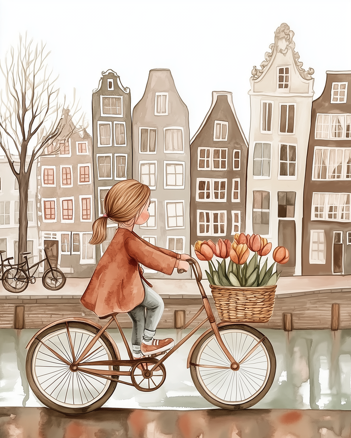 Cozy illustration of a girl riding a bicycle with a basket of orange tulips along a canal in Amsterdam, with tall Dutch houses reflected in the water behind her.

