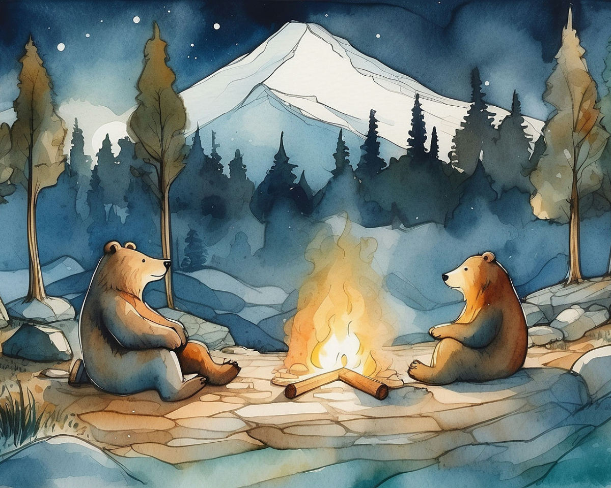 Two bears sitting by a campfire in a forest with a mountain in the background