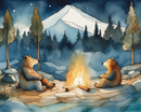 Two bears sitting by a campfire in a forest with a mountain in the background