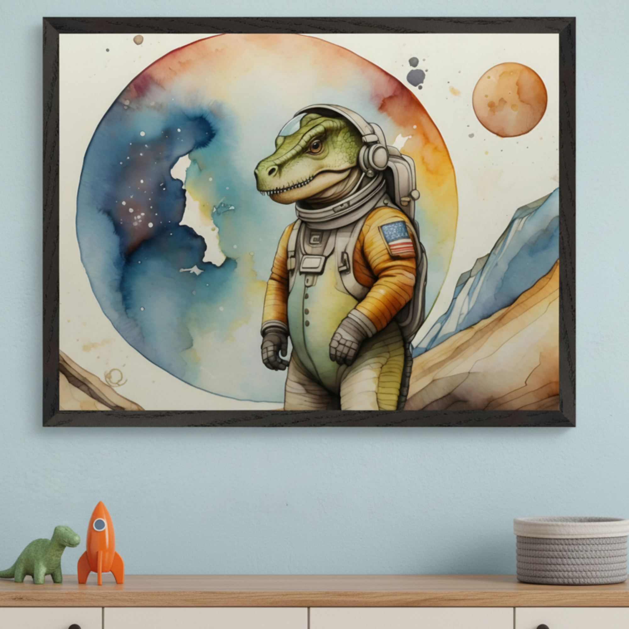Modern kid's room with a light blue wall. A framed watercolor print of a dinosaur in an astronaut suit on an alien landscape with planets hangs above a light wood and white dresser. On the dresser are a green dinosaur toy, an orange rocket, and a gray basket.