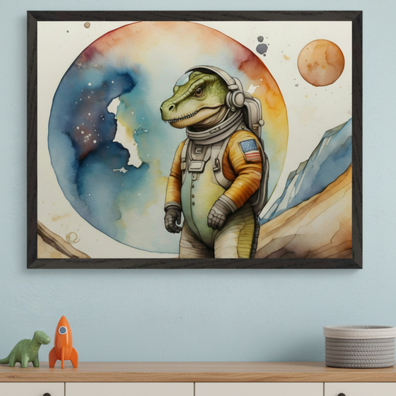 Modern kid's room with a light blue wall. A framed watercolor print of a dinosaur in an astronaut suit on an alien landscape with planets hangs above a light wood and white dresser. On the dresser are a green dinosaur toy, an orange rocket, and a gray basket.