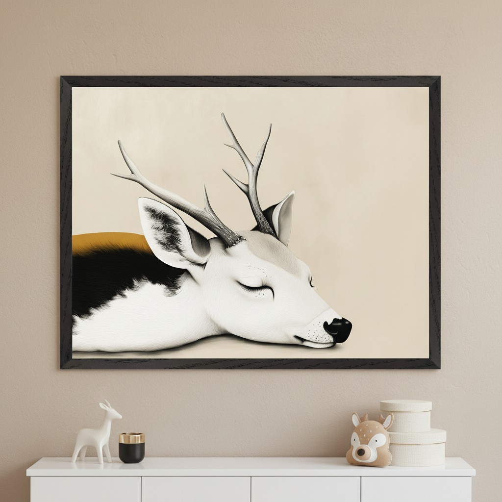 Modern minimalist room with a white dresser. A large framed print of a sleeping white deer with antlers, black and ochre markings, in a stylized art style, hangs centered above the dresser.