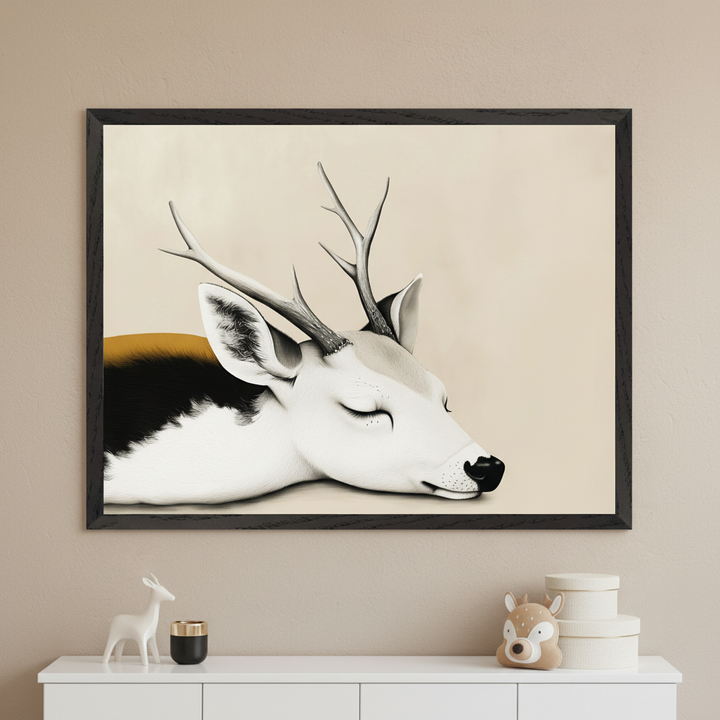 Modern minimalist room with a white dresser. A large framed print of a sleeping white deer with antlers, black and ochre markings, in a stylized art style, hangs centered above the dresser.