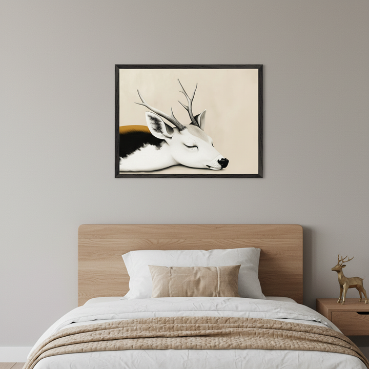 Modern bedroom with a wooden bed, white bedding, and a small wooden nightstand with a gold deer figurine. A framed print of a sleeping white and black deer with antlers and gold markings hangs centered above the bed.