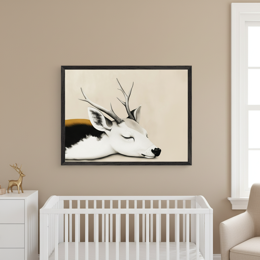 Modern nursery with a large framed print of a sleeping deer with antlers in black, white, and gold, centered on a beige wall above a white crib and dresser. A beige armchair is by the window.