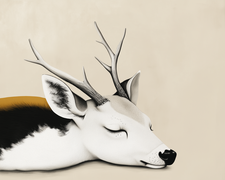 Whimsical illustration of a sleeping deer with delicate antlers and closed eyes, designed in soft neutral tones for children's wall art.
