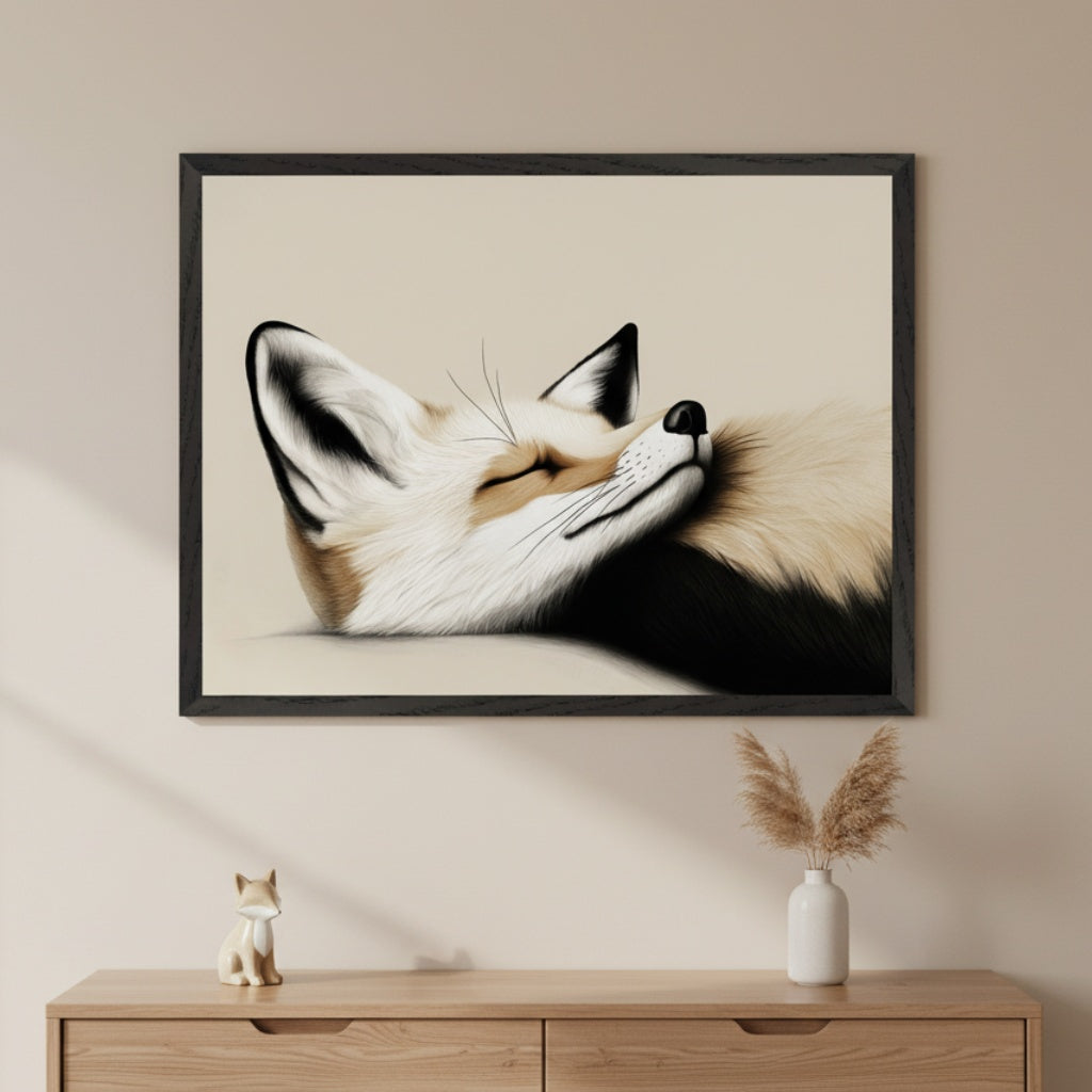 Modern room with a light wood dresser. A black-framed illustration of a sleeping fox with white, brown, and black fur hangs centered above the dresser. A small fox figurine and a vase with pampas grass are on the dresser.