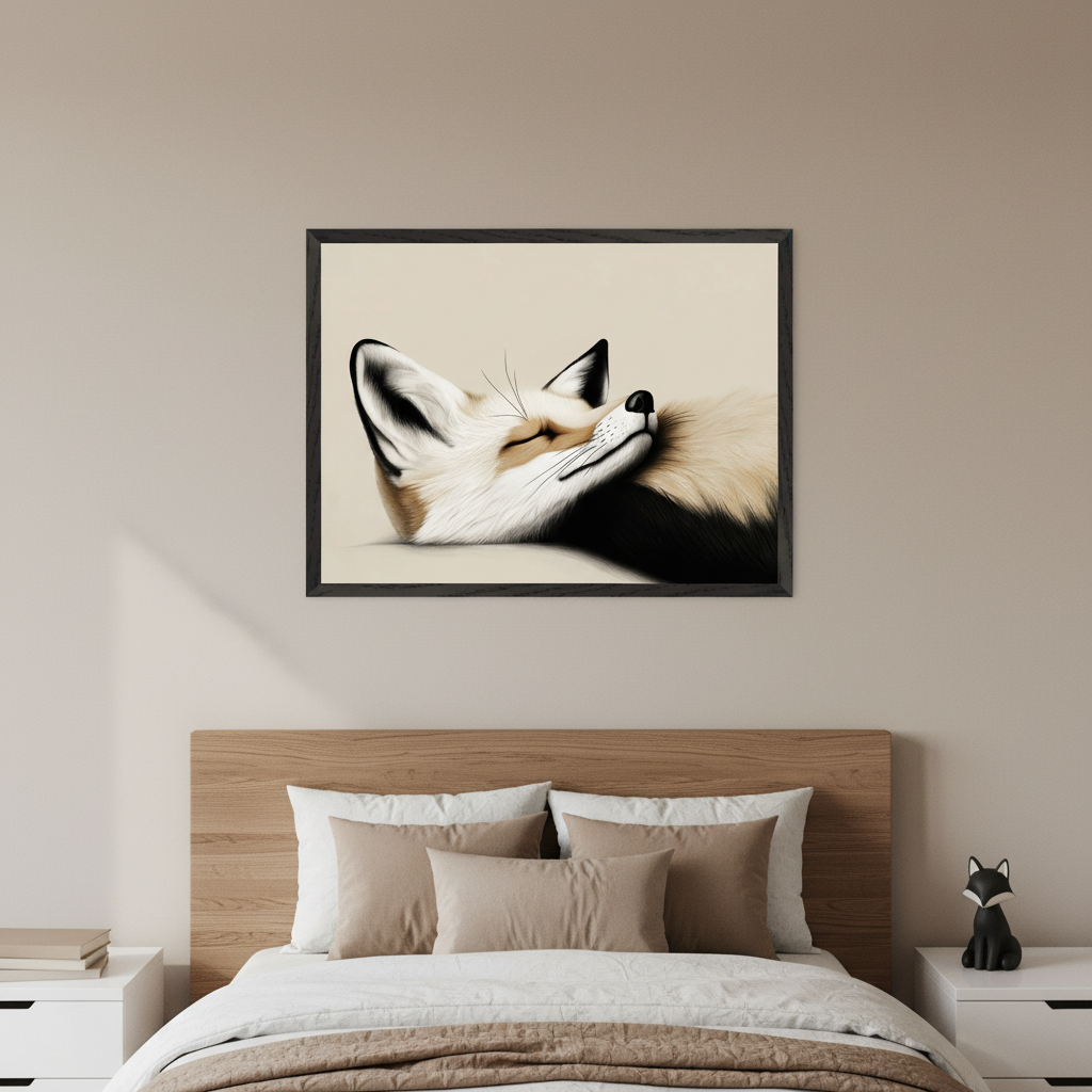 Modern bedroom with a wooden headboard bed. A large framed minimalist print of a sleeping fox with white, brown, and black fur hangs centered above the bed. White nightstands flank the bed.
