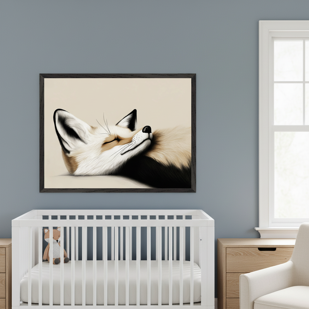 Modern nursery with a white crib and a small stuffed fox. A large framed illustration of a sleeping fox with white and brown fur and closed eyes hangs above the crib on a blue wall. A wooden dresser and a white armchair are on the right.