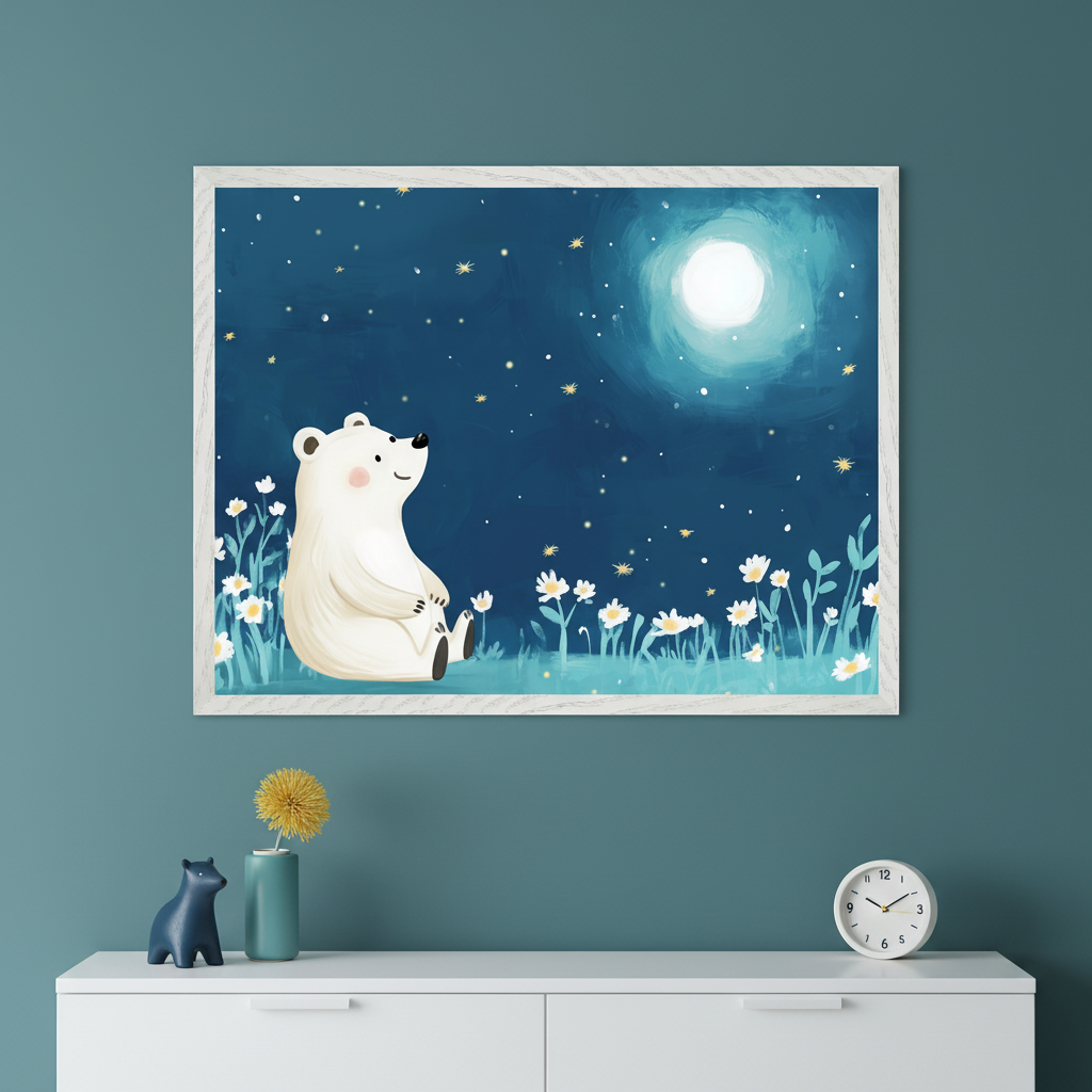 Modern kid's room with a white dresser. A framed watercolor painting of a sitting polar bear in a field of white flowers looking up at a full moon and stars in a dark blue night sky hangs centered above the dresser. A blue bear figurine, a turquoise vase with a yellow flower, and a white clock are on the dresser.