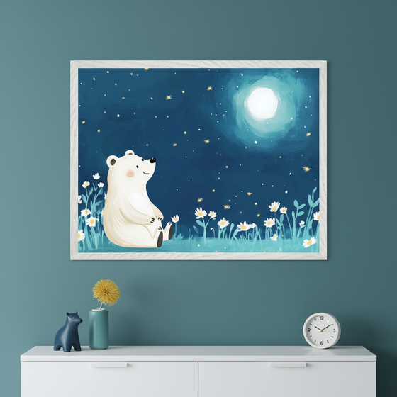 Modern kid's room with a white dresser. A framed watercolor painting of a sitting polar bear in a field of white flowers looking up at a full moon and stars in a dark blue night sky hangs centered above the dresser. A blue bear figurine, a turquoise vase with a yellow flower, and a white clock are on the dresser.