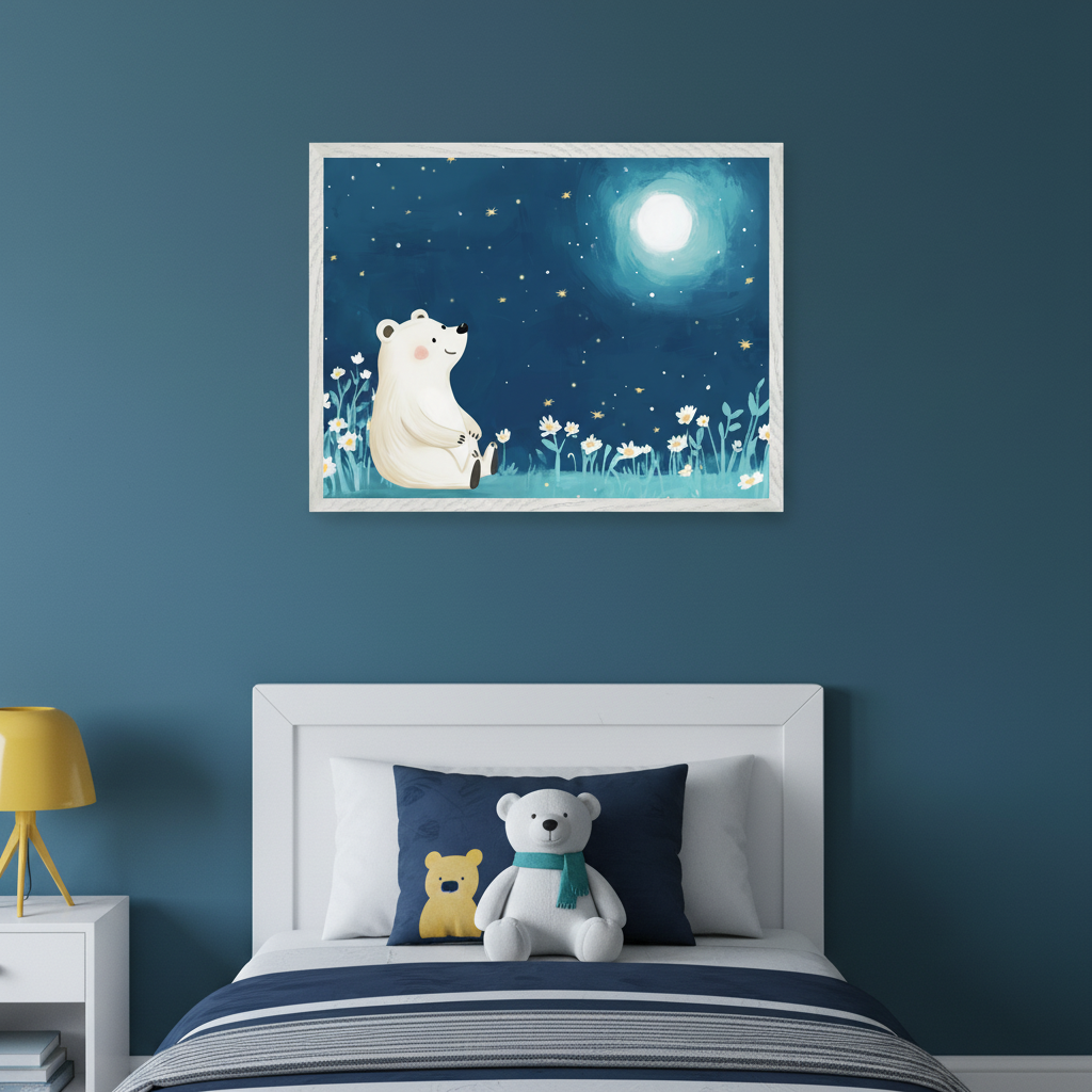 Kid's bedroom with a white bed, blue bedding, and a white nightstand with a yellow lamp. Above the bed, a framed painting of a white bear in a flower field under a starry moonlit night sky.