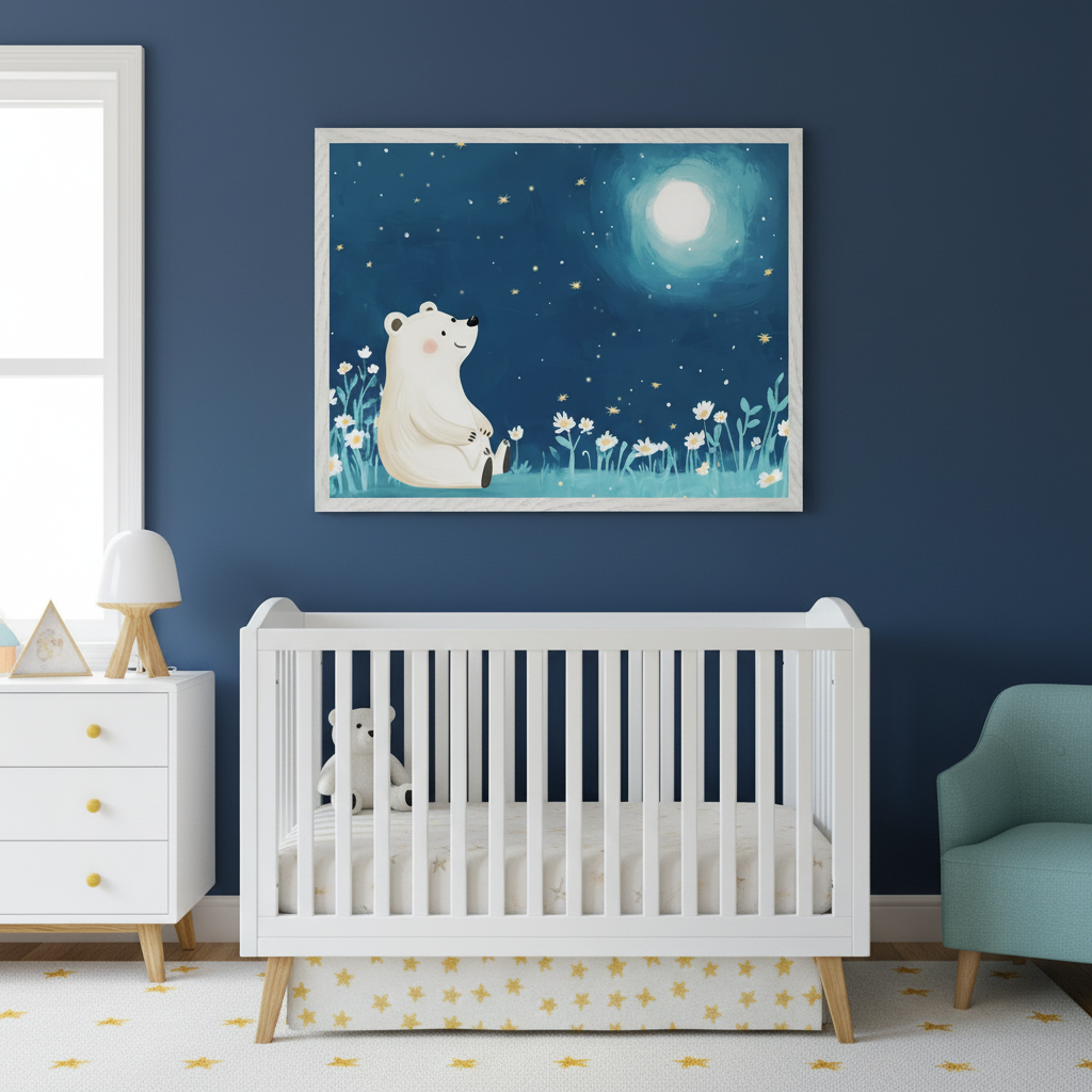 Modern nursery with a white crib and dresser against a deep blue wall, with a light blue armchair to the right. Above the crib, a framed illustration shows a white polar bear sitting in a field of daisies, looking at a moon and stars.