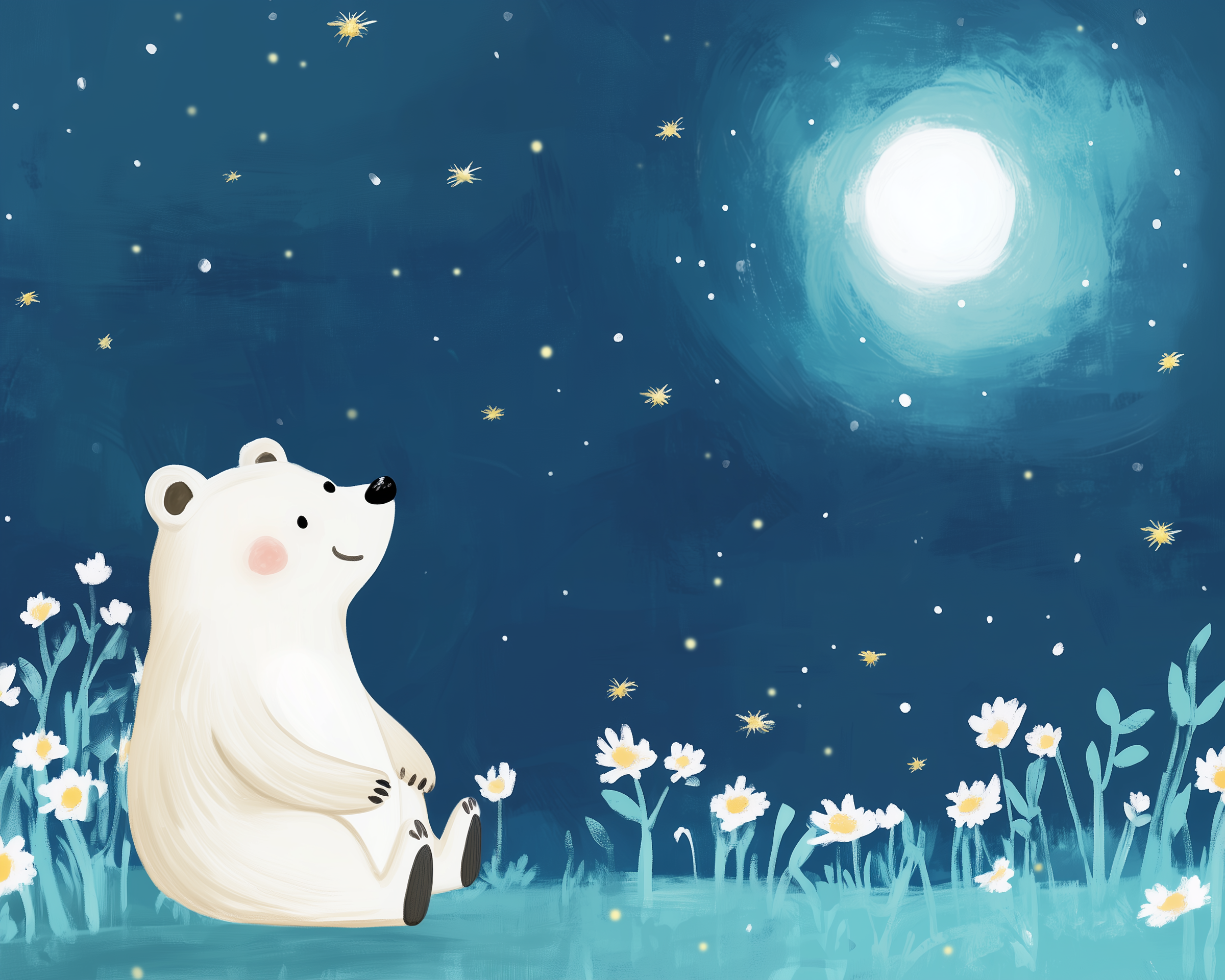 Cute polar bear sitting in a meadow of daisies under a glowing moon and starlit sky, perfect for dreamy children's bedtime art.
