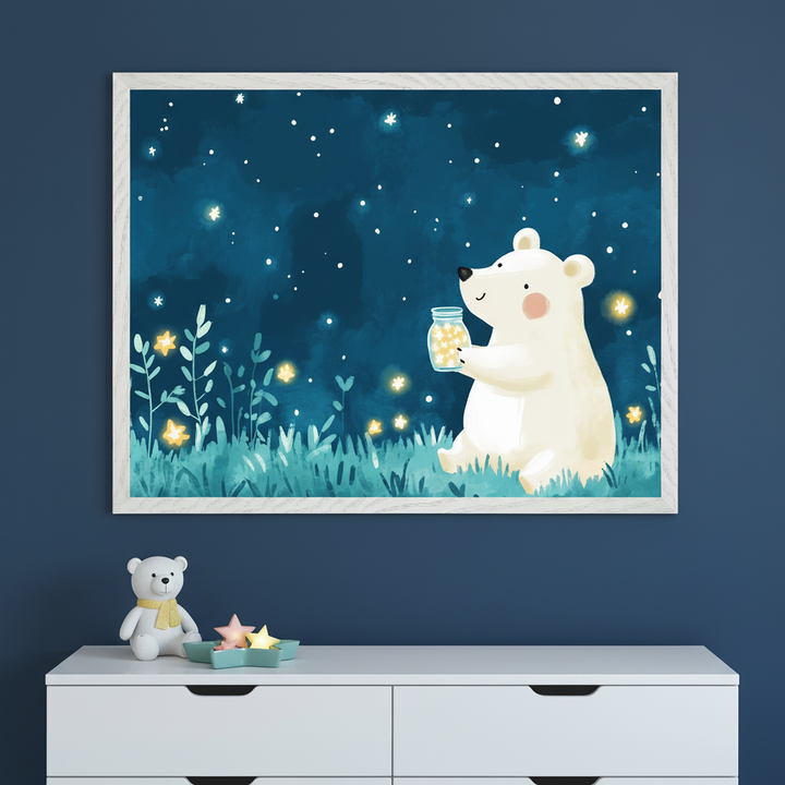 Kid's bedroom with a white dresser against a dark blue wall. A large framed illustration of a white polar bear holding a jar of stars in a starry night landscape hangs centered above the dresser. A teddy bear and star decor sit on the dresser.
