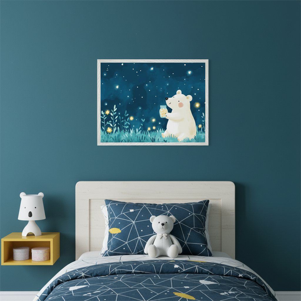 Kid's bedroom with a white headboard bed and blue patterned bedding. Above the bed, on a teal wall, hangs a framed illustration of a white bear holding a jar of fireflies in a starry night landscape. A white teddy bear sits on the bed, and a bear-shaped lamp is on a yellow shelf.