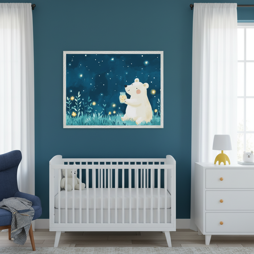 Modern nursery with a white crib and dresser against a blue wall. A large framed print of a cartoon polar bear sitting in a grassy field, holding a jar of fireflies under a starry night sky, hangs above the crib.