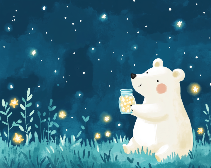 Charming illustration of a bear holding a jar of glowing stars in a moonlit field, surrounded by twinkling lights and night sky.

