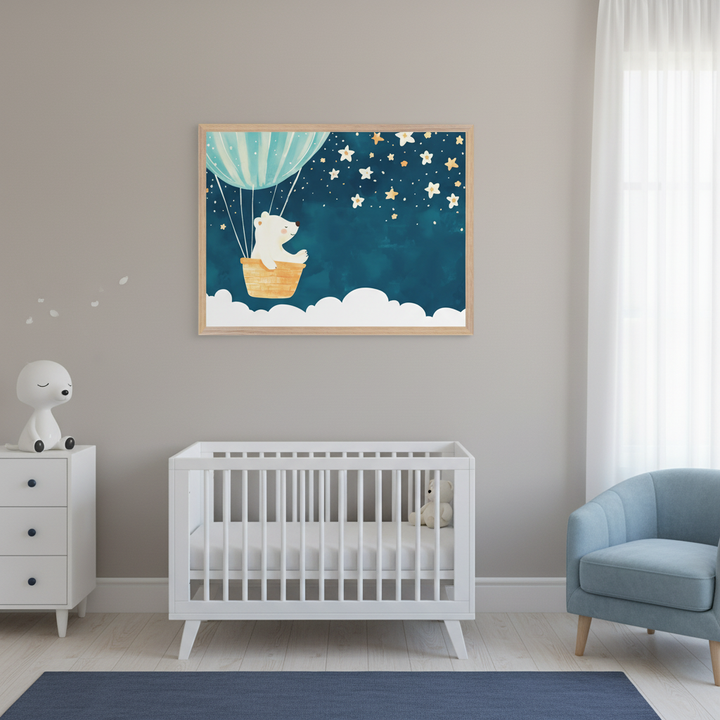 Modern nursery with a white crib, dresser, and light blue armchair. Above the crib, a framed print depicts a cartoon polar bear in a striped hot air balloon, floating under a starry dark blue sky with white clouds. A white polar bear figurine is on the dresser.