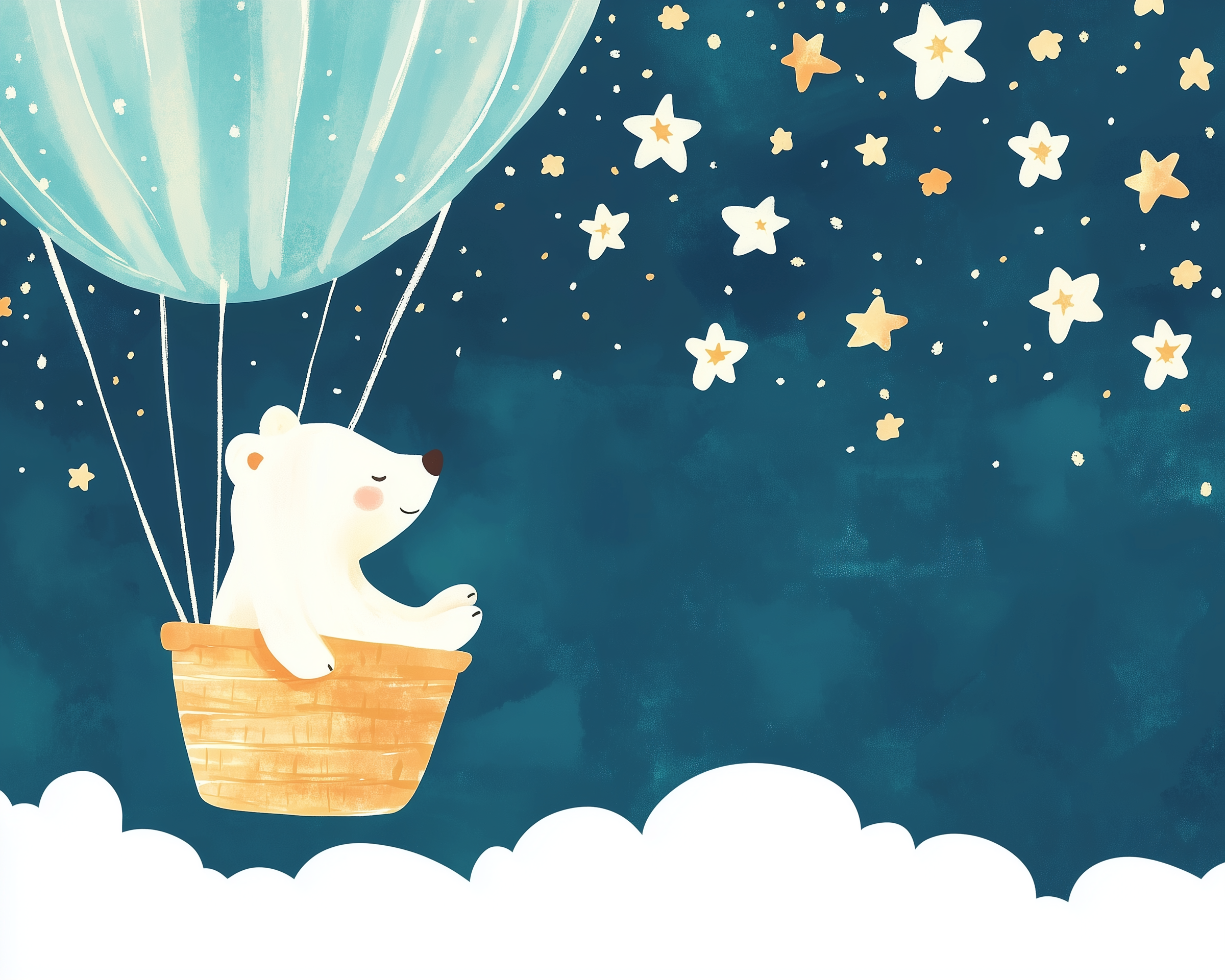 Playful children's illustration of a bear in a wicker basket hot air balloon drifting through a star-filled sky above soft clouds.
