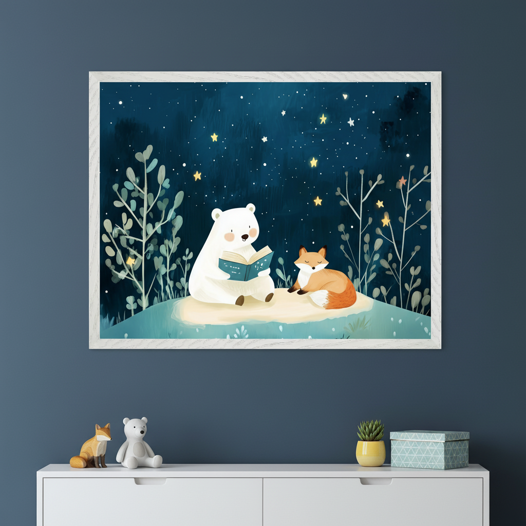Kid's bedroom with a dark blue wall and a white dresser. A framed illustration of a polar bear reading to a fox under a starry night sky hangs centered above the dresser. Decorative fox and bear figurines, a plant, and a box are on the dresser.