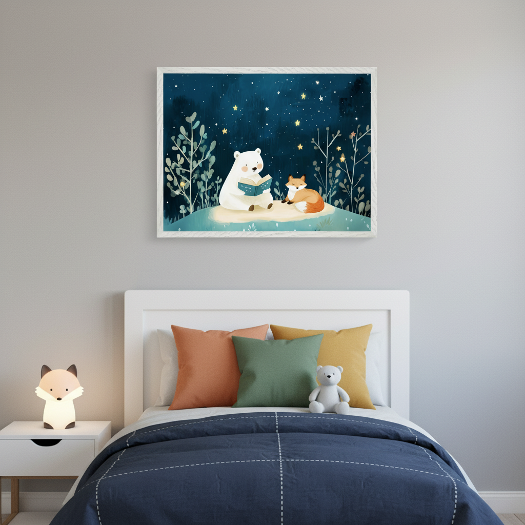 Kid's bedroom with a white bed, colorful pillows, and a blue duvet. A white nightstand with a glowing fox lamp is on the left. Above the bed hangs a framed watercolor illustration of a polar bear reading a book to a fox on a grassy hill under a starry night sky.