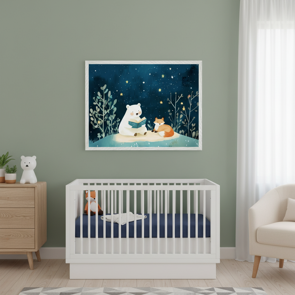 Modern nursery with a green wall, white crib, and wood dresser. A large framed watercolor art print of a white bear reading to a fox under a starry night hangs above the crib.
