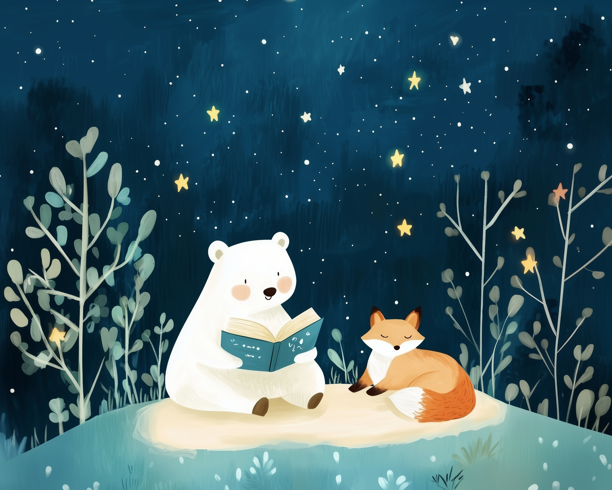 Sweet nighttime scene of a polar bear reading a book beside a resting fox, under a starry sky with glowing stars and soft forest plants.
