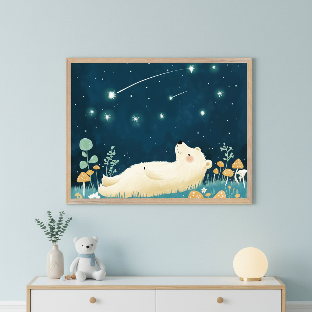 Modern nursery with a light blue wall. A large framed illustration of a cream bear looking at shooting stars in a night sky hangs above a white dresser with a wooden top. A teddy bear, a plant, and a spherical lamp are on the dresser.