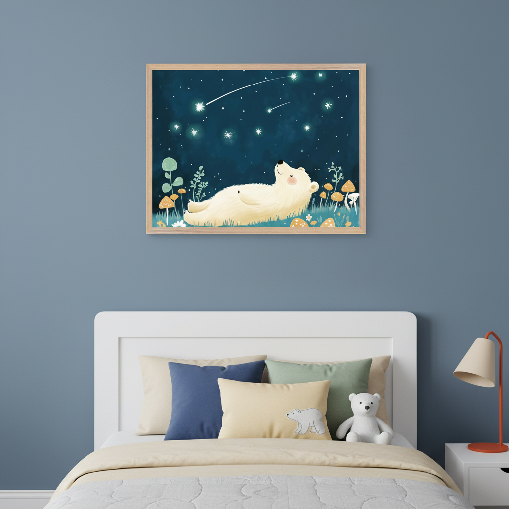 Modern kid's bedroom with a white headboard and bed. Above the bed hangs a framed illustration of a light-colored bear lying in grass, looking up at a dark blue night sky with many stars and shooting stars. The bed has pillows, one with a bear design, and a white teddy bear toy. A lamp sits on a white bedside table.