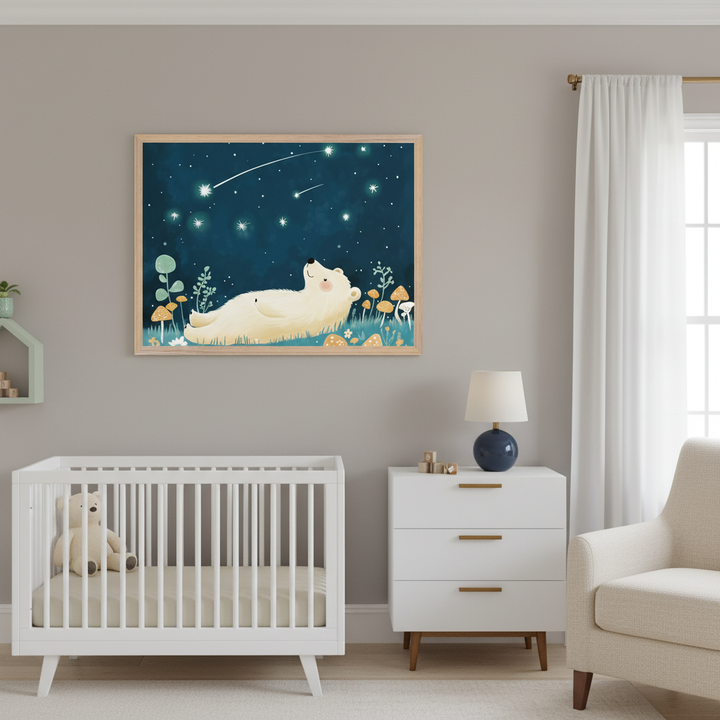Modern nursery featuring a white crib with a teddy bear and a white three-drawer dresser. A framed print of a light yellow cartoon bear lying on its back in a field, looking up at a starry dark blue night sky with shooting stars, hangs above the crib and dresser.
