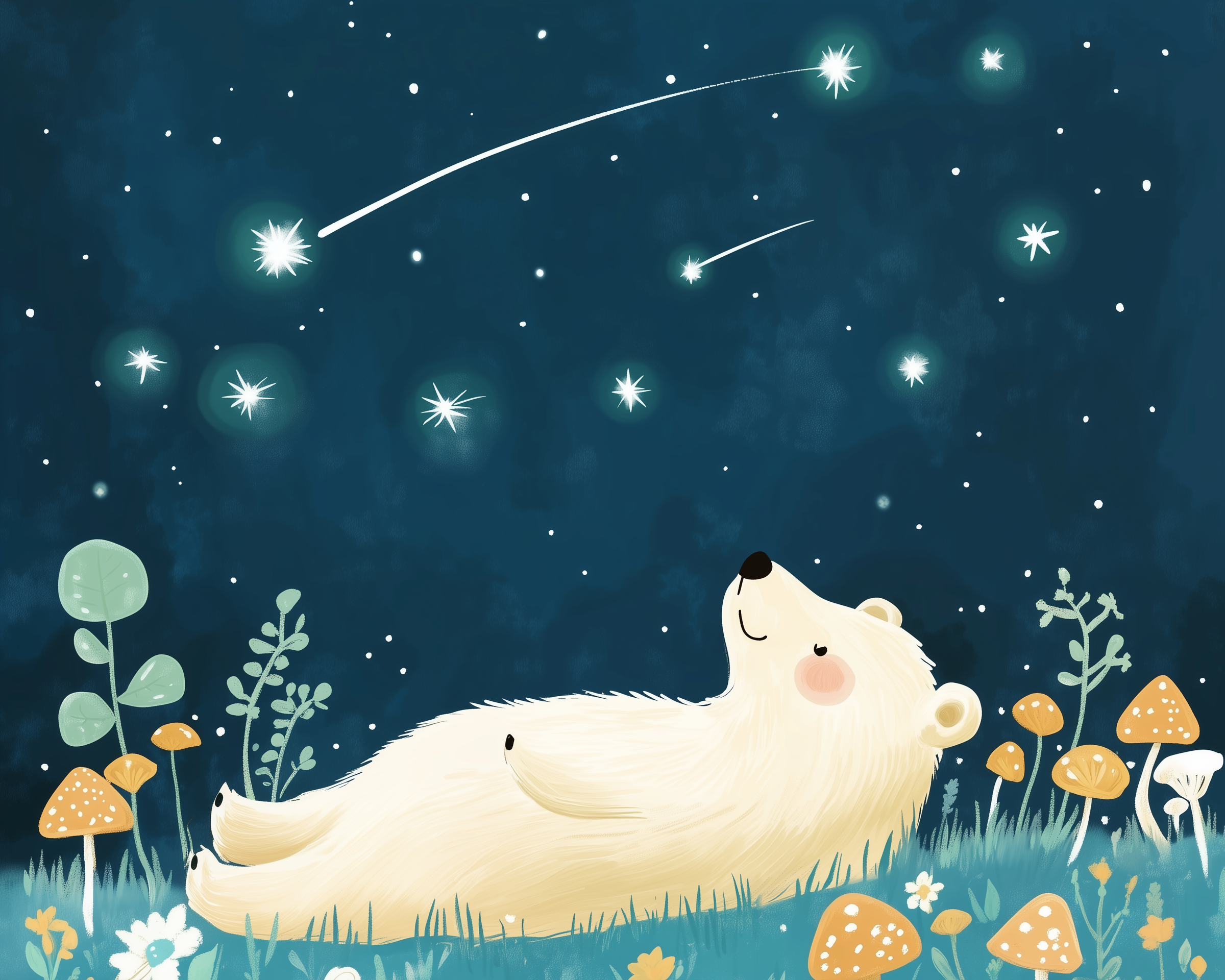 Adorable bear lying on its back in a grassy field, gazing at glowing stars and shooting stars in a dreamy night sky.
