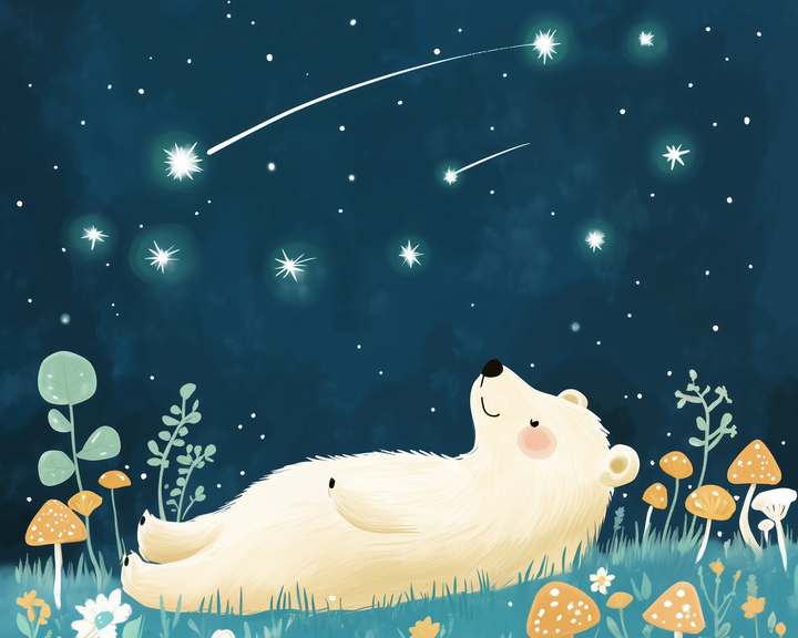 Adorable bear lying on its back in a grassy field, gazing at glowing stars and shooting stars in a dreamy night sky.
