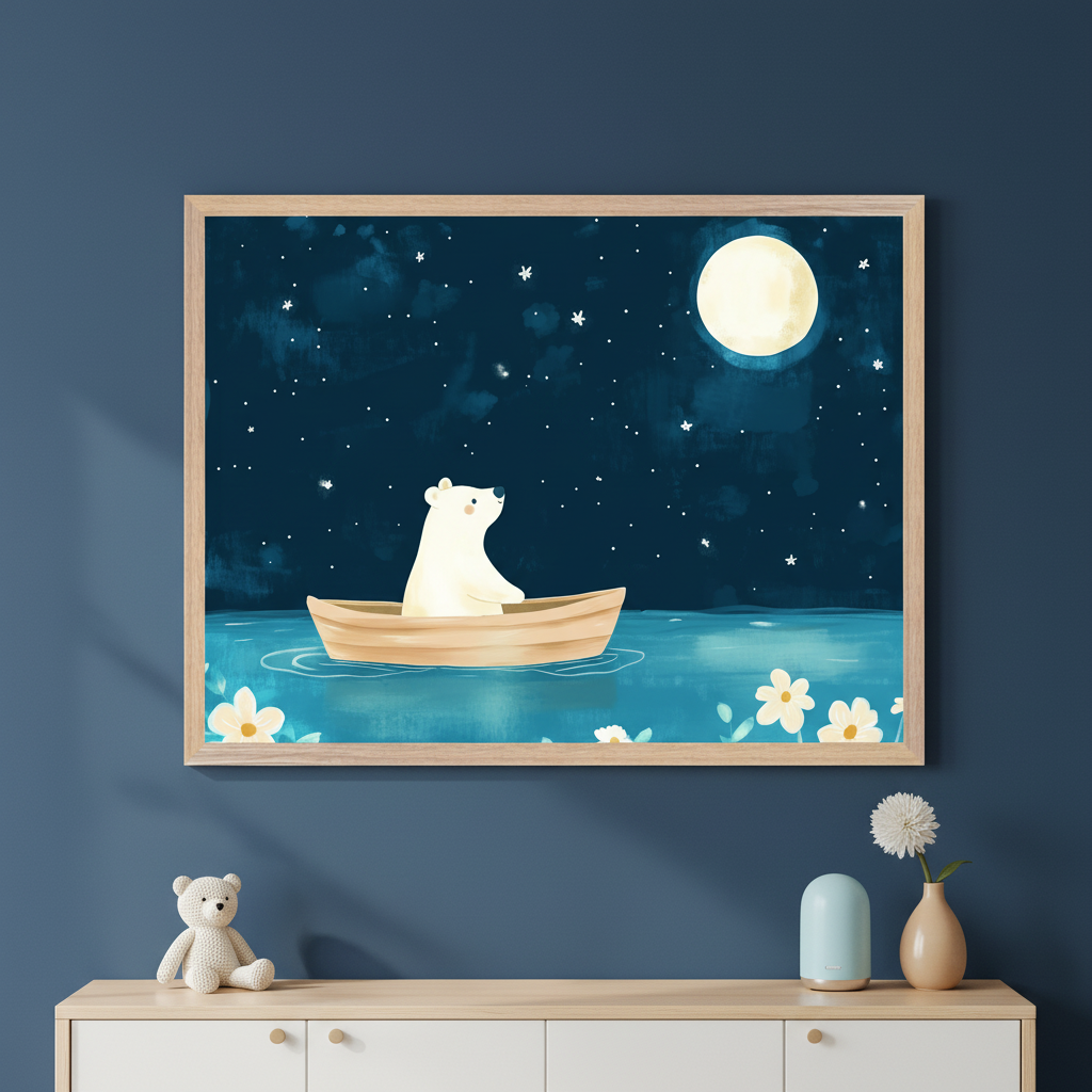 Modern kid's room with a deep blue wall. A light wood and white dresser has a teddy bear, a light blue diffuser, and a vase with a white flower. Above it hangs a large framed cartoon artwork of a polar bear in a boat on blue water under a starry night with a full moon.