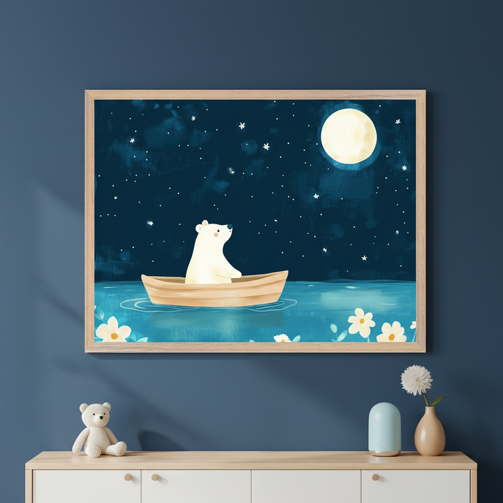 Modern kid's room with a deep blue wall. A light wood and white dresser has a teddy bear, a light blue diffuser, and a vase with a white flower. Above it hangs a large framed cartoon artwork of a polar bear in a boat on blue water under a starry night with a full moon.